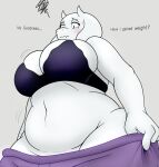 (series) anthro belly big_breasts blush bodily_fluids boss_monster_(undertale) bottomwear bovid bra breasts caprine clothed clothing cute_fangs dialogue english_text female frustrated fur goat grey_background half-closed_eyes hi_res hoodie_stalker horn lingerie looking_down low-angle_view mammal mature_female motion_lines narrowed_eyes navel overweight overweight_female simple_background solo sweat text toriel undertale undertale_(series) underwear undressing white_body white_fur wide_hips