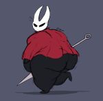absurd_res anthro arthropod artist_name big_butt black_body bodily_fluids breasts butt empty_eyes female grey_background hi_res hollow_knight hornet_(hollow_knight) huge_butt insect jeledraws mask morbidly_obese morbidly_obese_anthro morbidly_obese_female motion_lines obese obese_anthro obese_female one_leg_up overweight overweight_anthro overweight_female raised_leg red_cloak simple_background solo sweat sweatdrop team_cherry thick_thighs weapon