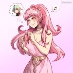  1girl breasts byleth_(fire_emblem) byleth_(male)_(fire_emblem) choker cleavage commentary commission dress fire_emblem fire_emblem:_three_houses green_hair gzei heart highres hilda_valentine_goneril jewelry long_hair medium_breasts musical_note pink_background pink_dress pink_eyes pink_hair pink_lips ring second-party_source sleeveless sleeveless_dress smile upper_body very_long_hair 