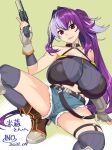  1girl arm_support bangs bare_shoulders belt boots breasts collarbone commentary_request commission dated denim denim_shorts gloves grey_legwear gun hair_between_eyes halterneck handgun holding holding_gun holding_weapon huge_breasts ino_(magloid) light_purple_hair long_hair micro_shorts midriff multicolored_hair navel original parted_lips pistol ponytail purple_hair red_eyes revolver shorts sidelocks signature skeb_commission spread_legs strapless thighhighs thighs trigger_discipline tube_top two-tone_hair very_long_hair weapon 