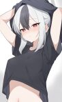  1girl absurdres alternate_costume black_hair black_shirt blue_archive blush closed_mouth commentary english_commentary genso_(thereisnosauce) grey_hair grey_halo hair_between_eyes halo highres kayoko_(blue_archive) long_hair multicolored_hair navel red_eyes shirt short_sleeves solo sweat upper_body 