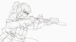  1girl absurdres alma01 assault_rifle commentary ear_protection english_commentary fanny_pack flashlight glasses gloves greyscale gun handgun highres holster m4_carbine magazine_(weapon) maid_day maid_headdress monochrome original pistol purple_eyes rifle short_ponytail solo spot_color suppressor weapon 