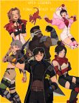  2boys 4girls 7th_heaven_skirmisher_wraith aerith_gainsborough aerith_gainsborough_(cosplay) animification apex_legends barret_wallace barret_wallace_(cosplay) beard belt black_belt black_eyes black_gloves black_hair black_jacket black_shorts black_sweater black_thighhighs blue_eyes bodysuit breasts brown_eyes brown_hair brown_jacket brown_vest buster_sword cape clenched_hand cloud_strife cloud_strife_(cosplay) copyright_name cosplay cropped_jacket crypto_(apex_legends) dark-skinned_male dark_skin elbow_gloves facial_hair final_fantasy final_fantasy_vii final_fantasy_vii_rebirth final_fantasy_vii_remake fingerless_gloves fishnets flower flower_girl_horizon gloves green_headband green_pantyhose grey_hair hacker:_1st_class_crypto head-mounted_display headband highres holding holding_sword holding_weapon hood hood_down hood_up hooded_jacket hoodie horizon_(apex_legends) jacket kupo_power_wattson looking_at_viewer looking_back looking_to_the_side materia_girl_valkyrie medium_breasts midriff moogle moogle_(cosplay) multiple_boys multiple_girls namjak newcastle_(apex_legends) official_alternate_costume orange_gloves pantyhose pink_jacket pink_thighhighs red_cape red_gloves red_jacket red_sweater red_xiii ribbed_sweater sabotender salute sector_7_savior_newcastle shirt short_hair shorts single_leg_pantyhose smile sweater sword thighhighs two-finger_salute valkyrie_(apex_legends) vest vincent_valentine vincent_valentine_(cosplay) wattson_(apex_legends) weapon white_bodysuit white_hoodie white_shirt wraith_(apex_legends) yellow_flower yuffie_kisaragi yuffie_kisaragi_(cosplay) 