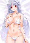  1girl bare_shoulders bikini blush breasts cleavage collarbone commentary_request engo_(aquawatery) grey_hair large_breasts long_hair looking_at_viewer lying lyrical_nanoha mahou_shoujo_lyrical_nanoha mahou_shoujo_lyrical_nanoha_a&#039;s on_back red_eyes reinforce solo swimsuit very_long_hair white_bikini 