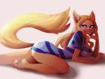  anthro blonde_hair blue_eyes breasts butt cheese_quesadilla clothing digital_media_(artwork) feet felid female general-irrelevant hair looking_back lying mammal pattern_clothing simple_background smile solo striped_clothing stripes white_background 