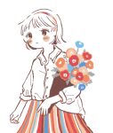  1girl arm_at_side black_eyes blue_flower blue_skirt blush_stickers bouquet closed_mouth collared_shirt cowboy_shot flower high-waist_skirt highres holding holding_bouquet hugging_object humi_natsu long_sleeves looking_ahead multicolored_clothes multicolored_skirt orange_flower orange_skirt original red_flower red_skirt shirt shirt_tucked_in short_hair sidelocks simple_background skirt smile solo white_background white_hair white_shirt white_skirt wispy_bangs 