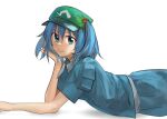  1girl aesur_a blue_eyes blue_hair blue_shirt blue_skirt closed_mouth flat_cap green_headwear hair_bobbles hair_ornament hat highres kawashiro_nitori looking_at_viewer lying on_stomach shirt short_hair short_sleeves simple_background skirt solo touhou two_side_up white_background 