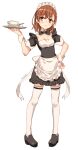 1girl :&lt; alternate_costume apron bangs black_bow black_bowtie black_dress bow bowtie breasts brown_eyes brown_footwear brown_hair cleavage closed_mouth cup detached_collar dress enmaided eyebrows_visible_through_hair frilled_apron frilled_dress frills hand_on_hip holding holding_tray looking_at_viewer maid maid_headdress misaka_mikoto pigeon-toed raika9 short_hair short_sleeves small_breasts solo standing teacup thighhighs toaru_kagaku_no_railgun toaru_majutsu_no_index traditional_bowtie tray waist_apron white_apron white_legwear zettai_ryouiki 