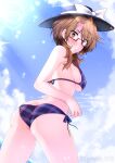  1girl :o ass bangs bare_shoulders bikini black_headwear blue_ribbon blue_sky blush bow breasts brown_eyes brown_hair cloud cowboy_shot day eyebrows_visible_through_hair from_behind g_(genesis1556) glasses hat hat_bow highres large_breasts leaning_forward lens_flare long_hair looking_at_viewer looking_back low_twintails outdoors parted_lips plaid plaid_bikini purple_bikini rectangular_eyewear red-framed_eyewear ribbon semi-rimless_eyewear side-tie_bikini sideboob skindentation sky solo strap_gap sunlight swimsuit thighhighs touhou twintails under-rim_eyewear usami_sumireko v-shaped_eyebrows white_bow 