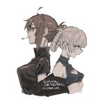  2girls ahoge back-to-back bags_under_eyes black_eyes black_shirt blue_eyes braided_hair_rings brown_hair cigarette cleavage_cutout clothing_cutout crop_top from_side glasses grey_hair hair_rings highres jitome kotoyama multiple_girls nanakusa_nazuna_(yofukashi_no_uta) ponytail round_eyewear shirt short_hair short_sleeves sidelocks simple_background sleeveless sleeveless_turtleneck turtleneck uguisu_anko upper_body white_background yofukashi_no_uta 