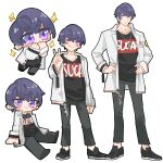  1boy ;) black_footwear black_pants chibi dog_tags earrings full_body hands_on_own_hips highres jacket jewelry long_sleeves looking_at_viewer male_focus marius_von_hagen_(tears_of_themis) multiple_views one_eye_closed outstretched_arm pants purple_eyes purple_hair remosea short_hair simple_background smile standing tears_of_themis v white_background white_jacket 