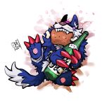  alcohol animal_ears artist_logo blush_stickers boned_meat bottle claws closed_eyes digimon digimon_(creature) digimon_seekers food forehead_jewel holding holding_bottle loogamon lying meat mouth_hold oden_(odenzzi) on_back sake tail wolf wolf_ears 