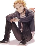  1boy black_choker black_footwear black_jacket black_pants blonde_hair boku_no_hero_academia choker collarbone earrings full_body grey_shirt hawks_(boku_no_hero_academia) highres jacket jewelry looking_at_viewer male_focus pants pon52io red_wings scar scar_on_face shirt shoes short_hair simple_background sitting slit_pupils sneakers solo tongue tongue_out watch white_background wings wristwatch yellow_eyes 