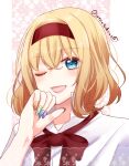  1girl ;d alice_margatroid artist_name blonde_hair blue_eyes bow hairband highres looking_at_viewer medium_hair one_eye_closed open_mouth red_bow red_hairband red_lips sakura_yuto shirt smile solo touhou twitter_username upper_body white_shirt 