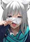  1girl absurdres animal_ear_fluff animal_ears blue_archive blue_eyes blue_scarf cross_hair_ornament disuto grey_hair hair_ornament halo highres lifted_by_self looking_at_viewer mask mask_lift mouth_mask saliva scarf shiroko_(blue_archive) solo surgical_mask tongue tongue_out wolf_ears 