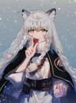  1girl animal_ear_fluff animal_ears arknights braid cloak echrra grey_eyes grey_hair hair_between_eyes hand_up heart highres holding holding_heart jewelry leopard_ears long_hair looking_at_viewer necklace outdoors pramanix_(arknights) snowing solo twin_braids 