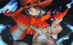  1boy belt black_background blue_eyes blue_fire brown_hair digimon digimon_(creature) fire flawizarmon gloves hat highres holding_matchstick no_nose oversized_object red_gloves red_shirt shirt short_hair sse_aee wizard wizard_hat 