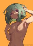  1girl arm_behind_head artist_name black_nails bright_pupils green_hair lamp_(sandcasks) looking_at_viewer looking_down nude original raised_eyebrows red_eyes sandcasks short_hair sidelocks simple_background solo upper_body white_pupils yellow_background 