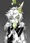  1girl alternate_costume blouse buttons commentary diamond_button eating eyelashes food frilled_shirt_collar frilled_sleeves frills fruit green_eyes greyscale hair_between_eyes hair_ribbon hand_up holding holding_food ice_cream ice_cream_cone komeiji_koishi long_hair long_sleeves looking_at_viewer low_twintails messy_hair monochrome no_hat no_headwear ribbon seeker shirt solo spot_color strawberry third_eye touhou twintails upper_body wide_sleeves 