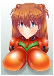  1girl blue_eyes blush bodysuit breast_rest breasts breasts_on_table closed_mouth large_breasts long_hair looking_at_viewer neon_genesis_evangelion orange_hair plugsuit red_bodysuit skin_tight smile solo souryuu_asuka_langley upper_body yamagakitaze 