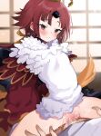  1boy 1girl apron bangs benienma_(fate) bird_hat blush breasts brown_headwear clothed_sex cowgirl_position fate/grand_order fate_(series) girl_on_top hetero highres japanese_clothes kimono long_hair long_sleeves looking_at_viewer low_ponytail nonoyama parted_bangs penis pussy red_eyes red_hair red_kimono sex small_breasts spread_legs straddling thighs vaginal very_long_hair white_apron wide_sleeves 