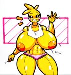 animatronic anthro areola avian beakless big_breasts bird black_sclera breasts chicken clothing eyelashes female five_nights_at_freddy&#039;s five_nights_at_freddy&#039;s_2 front_view galliform gallus_(genus) gesture head_feathers head_tuft huge_breasts looking_at_viewer machine mostly_nude mr_ctm navel nipples orange_areola orange_nipples panties phasianid pink_clothing pink_panties pink_underwear robot rosy_cheeks scottgames sharp_teeth simple_background smile solo teeth thick_thighs toy_chica_(fnaf) tuft underwear waving waving_at_viewer white_background white_eyes wide_hips yellow_body