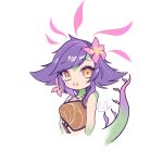  1girl :d breasts brown_eyes brown_shirt colored_skin crop_top cropped_torso fang flipped_hair flower green_skin hair_flower hair_ornament highres hui_shuijiao_de_yu jewelry league_of_legends lizard_tail multicolored_hair multicolored_skin necklace neeko_(league_of_legends) pink_flower pink_hair pink_skin reptile_girl shirt simple_background skin_fang small_breasts smile solo tail two-tone_hair 