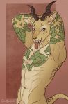 abs antelope anthro arm_tattoo athletic athletic_anthro athletic_male barely_visible_genitalia beastars biceps bovid cheetah chest_tattoo digital_media_(artwork) fangs felid feline fitness flaccid fur gazelle genitals hi_res horn hybrid leopard looking_at_viewer male mammal markings melon_(beastars) muscular muscular_anthro muscular_male nipples nude open_mouth pantherine pecs penis pose presenting simple_background smile solo spots spotted_body spottymichi tail tattoo teeth tongue tongue_out