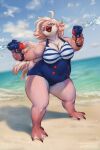  2022 anthro avian beach beak belly big_belly big_breasts biped blue_clothing blue_eyes blue_swimwear breasts brown_beak brown_claws claws clothing cloud dated female front_view glistening glistening_eyes hair hi_res lostgoose open_mouth overweight overweight_anthro overweight_female pink_body pink_hair pink_tongue plantigrade sand sea seaside signature sky solo standing swimwear tongue toy toy_gun water water_gun white_body white_hair 