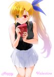  aged_up ahoge bare_shoulders black_shirt blonde_hair blue_ribbon blush box commentary_request engo_(aquawatery) gift gift_box green_eyes hair_ribbon happy_valentine heterochromia highres holding holding_gift long_hair looking_at_viewer lyrical_nanoha mahou_shoujo_lyrical_nanoha_strikers mahou_shoujo_lyrical_nanoha_vivid partial_commentary pleated_skirt red_eyes ribbon shirt side_ponytail sidelocks skirt sleeveless sleeveless_shirt valentine very_long_hair vivio white_skirt 