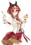  1girl :d animal_ears blunt_bangs brown_hair cake food fork glasses gloves highres holding holding_fork holding_plate horse_ears horse_girl jacket looking_at_viewer multicolored_hair new_stars_rose_(umamusume) ningen3333 plate puffy_short_sleeves puffy_sleeves red-framed_eyewear red_eyes short_hair short_sleeves simple_background smile solo streaked_hair tongue tongue_out transcend_(umamusume) umamusume vest white_background white_gloves white_hair white_jacket white_vest 