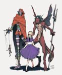  1girl 2boys alice_(megami_tensei) ballet_slippers belial_(megami_tensei) black_footwear black_hair blonde_hair blue_dress cloak closed_mouth colored_skin commentary_request demon demon_wings dress earrings eien12m full-body_tattoo highres holding holding_polearm holding_trident holding_weapon hood hooded_cloak jewelry long_hair marionette multiple_boys nebiros polearm puppet puppet_strings red_cloak red_skin shin_megami_tensei shin_megami_tensei_i standing standing_on_one_leg tail tattoo trident weapon wings yellow_eyes 