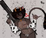 abs absurd_res animal_print anthro arthropod bell bell_collar big_breasts bikini breasts clothed clothing collar cow_print dani_von_maschinegewehr eyewear felid feline felis female fur gun hair hi_res holding_gun holding_object holding_ranged_weapon holding_weapon horn hybrid hymenopteran insect looking_at_viewer mammal muscular muscular_anthro muscular_female nomoretigre420 ranged_weapon scar simple_background sleeves solo swimwear tail thick_thighs tomboy wasp weapon wildcat