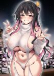  1girl areola_slip black_hair blurry blurry_background breasts cityscape commentary_request covered_nipples detached_sleeves double_v garter_straps hair_ribbon highleg highleg_panties highres huge_breasts kantai_collection kyogoku_shin large_breasts long_hair looking_at_viewer meme_attire multicolored_hair naganami_(kancolle) navel night night_sky panties parted_lips pink_hair ribbed_legwear ribbed_panties ribbed_sleeves ribbed_sweater ribbed_thighhighs ribbon sky sleeveless sleeveless_sweater sleeveless_turtleneck smile solo sweater turtleneck turtleneck_sweater two-tone_hair underwear v virgin_destroyer_sweater white_garter_straps white_panties white_sleeves white_sweater yellow_eyes yellow_ribbon 
