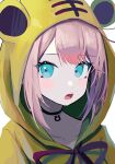  1girl :o ahute animal_ears animal_hood antenna_hair bangs blue_eyes blush chestnut_mouth choker collarbone eyebrows_visible_through_hair fake_animal_ears gradient_hair highres hood hood_up looking_to_the_side multicolored_hair open_mouth original pendant_choker pink_hair ribbon solo tiger_hood 