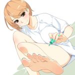  1girl aqua_nails blush breasts brown_eyes commentary_request commission feet ino_(magloid) knees_up large_breasts light_brown_hair nail_polish naked_shirt original painting_nails shirt short_hair sitting skeb_commission smile soles solo t-shirt thighs toes white_shirt 