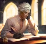  1boy astarion baldur&#039;s_gate baldur&#039;s_gate_3 black_gloves blurry blurry_background book closed_mouth commission curly_hair dungeons_and_dragons earrings elf glasses gloves head_rest holding holding_quill indoors jewelry looking_down male_focus open_book pointy_ears quill shirt sitting sunlight table tsukiartm white_hair white_shirt 