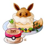  blueberry cake character_cake cherry cream cup dessert eevee english_commentary food food_focus fruit leaf mandarin_orange plate poke_ball_symbol pokemon pokemon_cafe_remix simple_background studiolg teacup white_background 