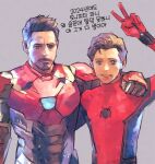  2024 2boys animal_print arc_reactor arm_around_neck arm_up armor blue_bodysuit bodysuit brown_eyes brown_hair closed_mouth facial_hair full_armor grey_armor grey_background iron_man looking_at_viewer male_focus marvel marvel_cinematic_universe multicolored_armor multiple_boys open_mouth peter_parker power_armor red_armor red_bodysuit redcokk short_hair simple_background smile spider-man spider_print spider_web_print standing superhero_costume teeth tony_stark two-tone_bodysuit v web_shooter yellow_armor 