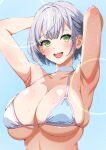  1girl absurdres arms_behind_head arms_up bikini blue_background blush breasts choker cleavage day green_eyes highres hololive isakoro_(hx9cj) large_breasts looking_at_viewer open_mouth shirogane_noel simple_background smile solo sweat swimsuit white_bikini white_choker 