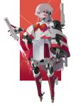  1girl absurdres beam_saber cyborg full_body highres jacket joints long_hair no_feet off_shoulder original red_eyes robot_joints science_fiction solo very_long_hair white_hair yunimaru 