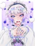  1boy absurdres crossed_fingers earrings fang grey_hair hair_ornament hairclip highres jewelry looking_at_viewer maid_headdress male_focus mazamuno nail_polish open_mouth original short_hair simple_background skin_fang sleeves_past_wrists solo upper_body white_nails 