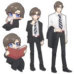  1boy artem_wing_(tears_of_themis) belt black_footwear black_jacket black_necktie black_pants blue_eyes book brown_hair chibi closed_mouth collared_shirt cup formal highres holding holding_book holding_cup jacket long_sleeves looking_at_viewer male_focus multiple_views necktie open_mouth pants remosea shirt short_hair simple_background tears_of_themis white_background white_shirt 