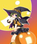  1girl atelier-moo belt bracelet breasts elf from_side green_hair halloween happy_halloween hat jewelry miniskirt moon original pointy_ears pumpkin purple_hair school_uniform serafuku short_hair sitting skirt solo witch witch_hat 