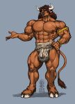 absurd_res anthro armband balls_outline big_muscles blue_eyes bovid bovine bracelet brown_body brown_fur brown_hair brown_nose bulge clothing cloven_hooves detailed_bulge european_mythology fur genital_outline greek_mythology hair hand_on_hip hi_res hooves horn huge_muscles iason_avarta jewelry looking_aside male mammal minotaur muscular muscular_anthro muscular_male mythology navel nipples penis_outline ser_halo smile solo tail tail_tuft teeth tuft underwear