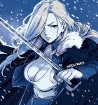  1girl amestris_military_uniform artist_name blonde_hair blue_eyes blue_jacket blue_theme breasts english_commentary fullmetal_alchemist fur-trimmed_jacket fur_trim hair_over_one_eye holding holding_sword holding_weapon jacket large_breasts lips long_hair looking_at_viewer military_jacket miss_faves olivier_mira_armstrong open_clothes open_jacket outdoors snowing solo sword tank_top weapon white_tank_top 