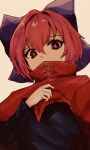  1girl bow cloak commentary hair_bow irumina777 looking_at_viewer one-hour_drawing_challenge red_eyes red_hair ribbon-trimmed_bow sekibanki short_hair simple_background solo touhou upper_body 