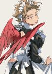  1boy apron blonde_hair boku_no_hero_academia costume ear_piercing earrings facial_hair facial_mark feathered_wings from_behind goatee hawks_(boku_no_hero_academia) jewelry kadeart looking_at_viewer maid maid_apron maid_headdress male_focus piercing red_feathers red_wings short_hair solo stubble stud_earrings tongue tongue_out twitter_username wings yellow_eyes 