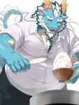 akishogimi anthro belly blue_body blush bowl container dragon eyebrows food hair heart_symbol hi_res horn lifewonders male mature_male mythological_creature mythological_scalie mythology overweight qinglong rice scalie solo thick_eyebrows tokyo_afterschool_summoners white_hair