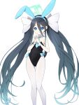  1girl animal_ears aris_(blue_archive) ass_visible_through_thighs bare_shoulders black_hair blue_archive blue_bow blue_eyes blue_hair blue_hairband blue_necktie bow collar commentary_request covered_navel detached_collar fake_animal_ears feet_out_of_frame gradient_hair hair_between_eyes hairband halo highres koflif leotard long_hair looking_at_viewer multicolored_hair necktie pantyhose playboy_bunny rabbit_ears simple_background smile solo standing steepled_fingers strapless strapless_leotard thigh_gap twintails very_long_hair white_background white_collar white_pantyhose wing_collar wrist_cuffs 